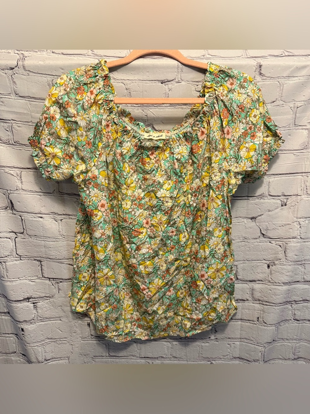 Lime N Chili Floral Puff-Sleeve Peasant Blouse in Yellow & Green